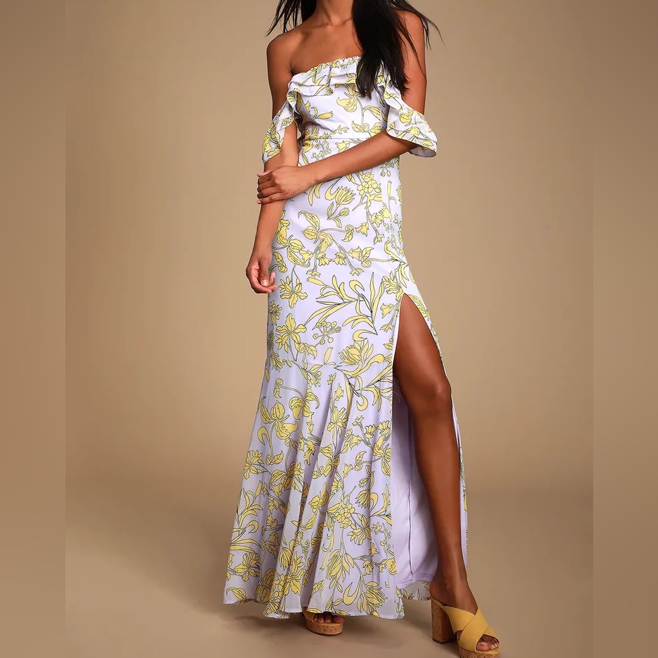 Nwt - Lavender Floral Print Off-The-Shoulder Maxi Dress